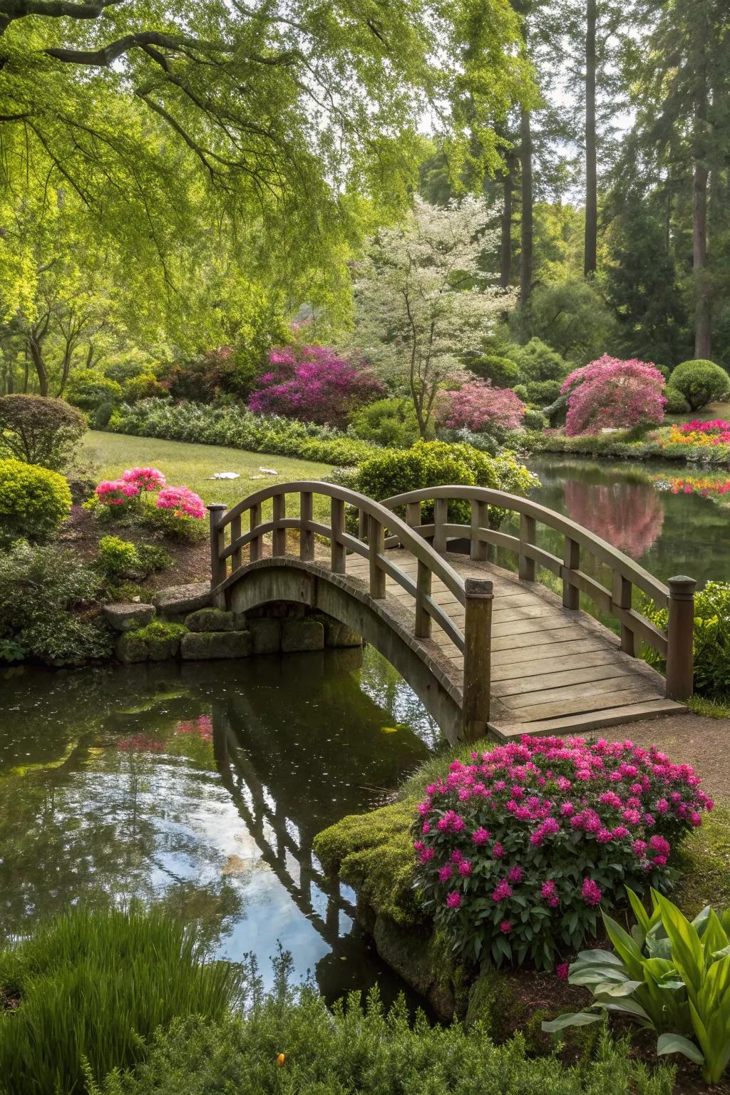 A wood walkway introduces charm to any water garden.