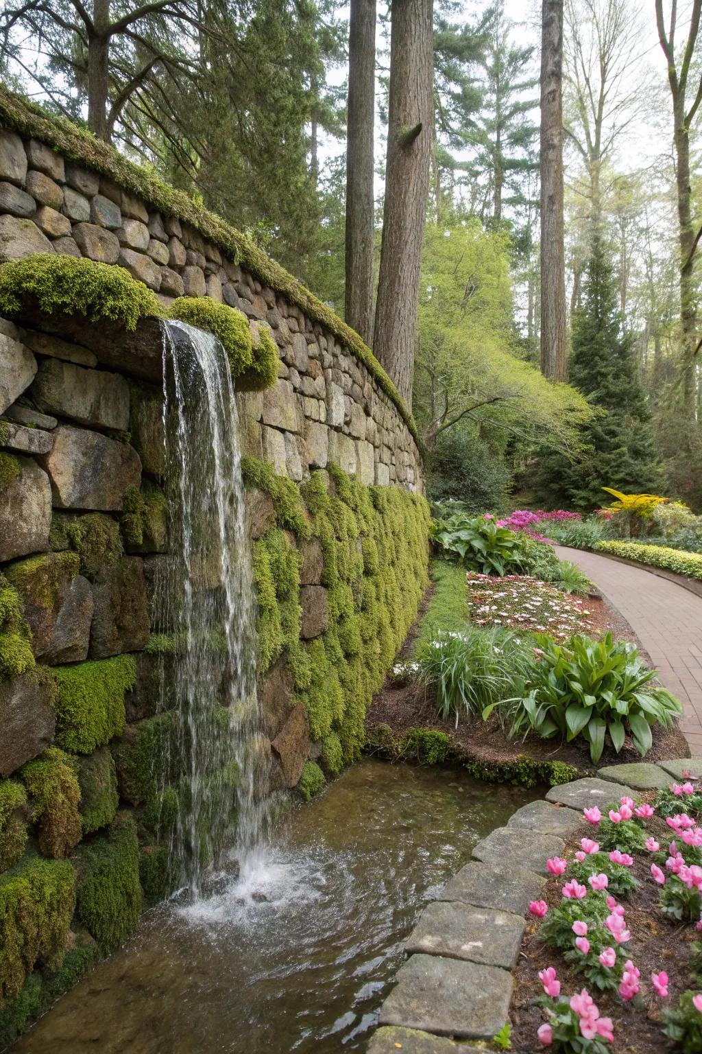 A bold garden waterfall relies on a decorative stone wall as its main feature.