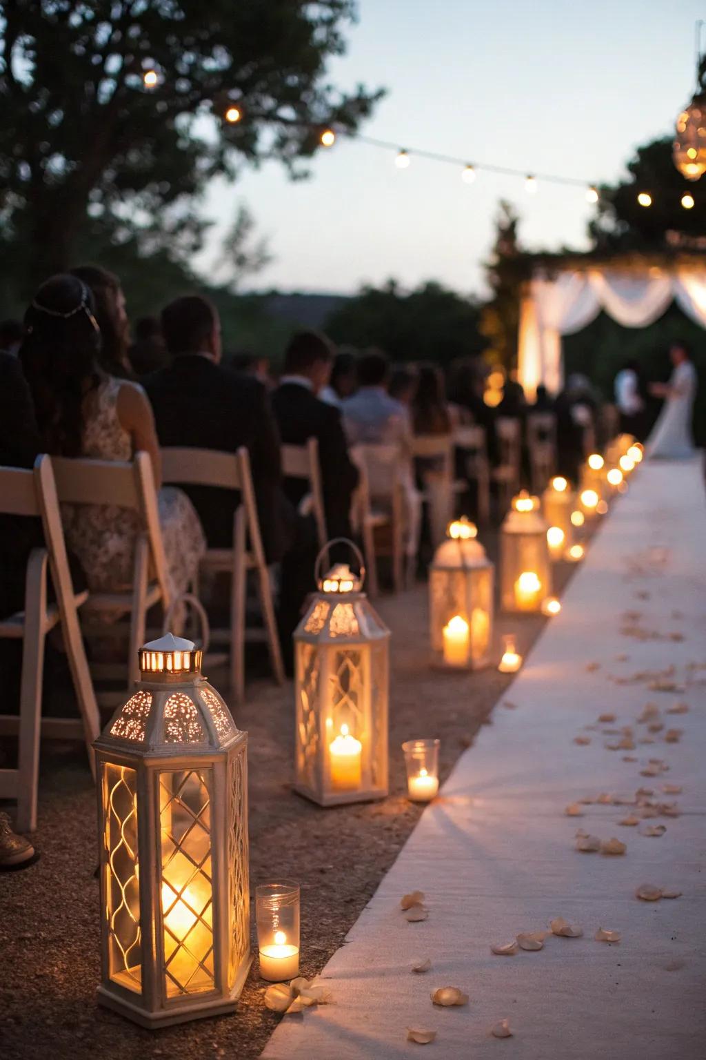 A mesmerizing pathway lit with luminaries for an enchanting evening ceremony.
