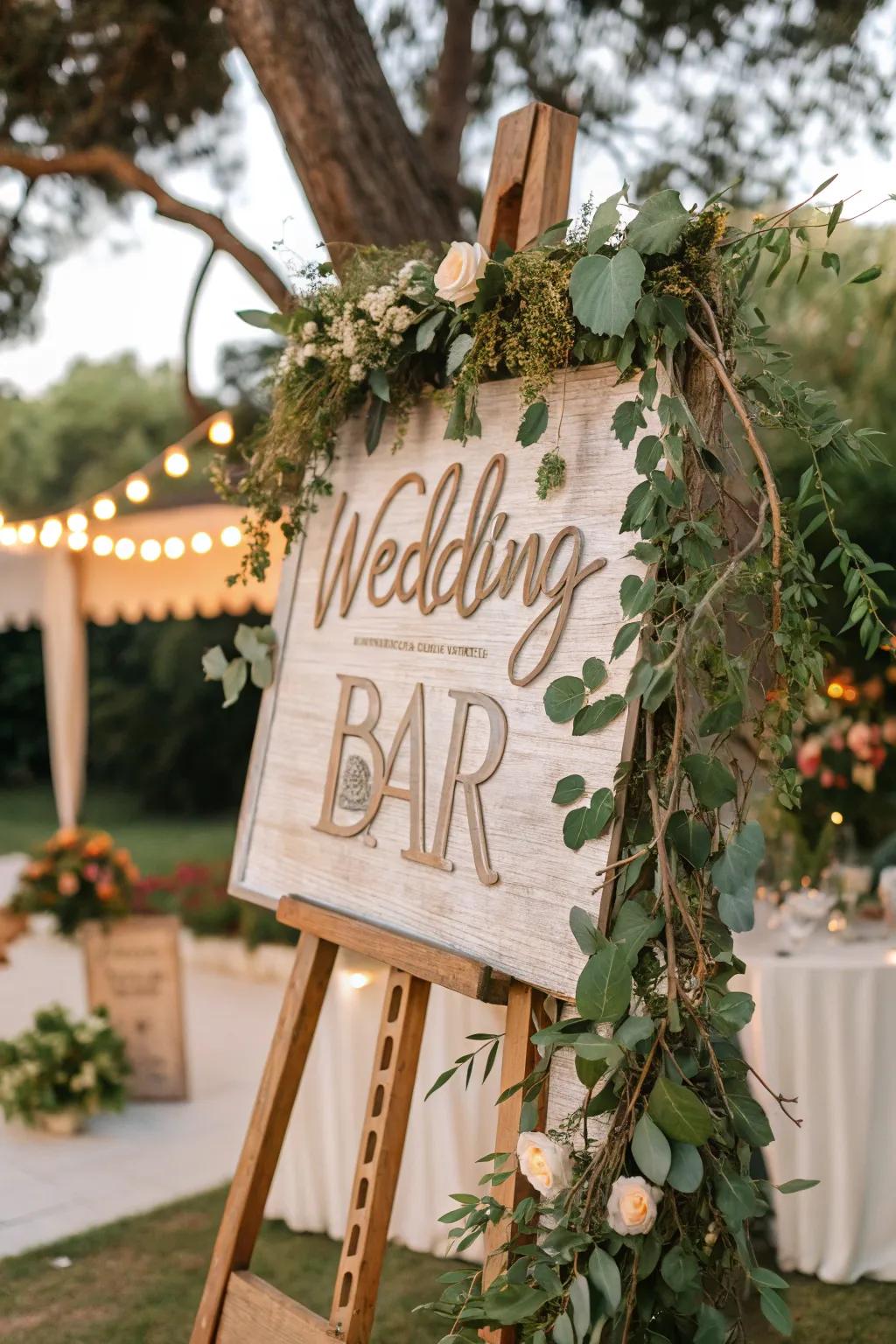 A bar sign with nature-inspired themes for an outdoor wedding.