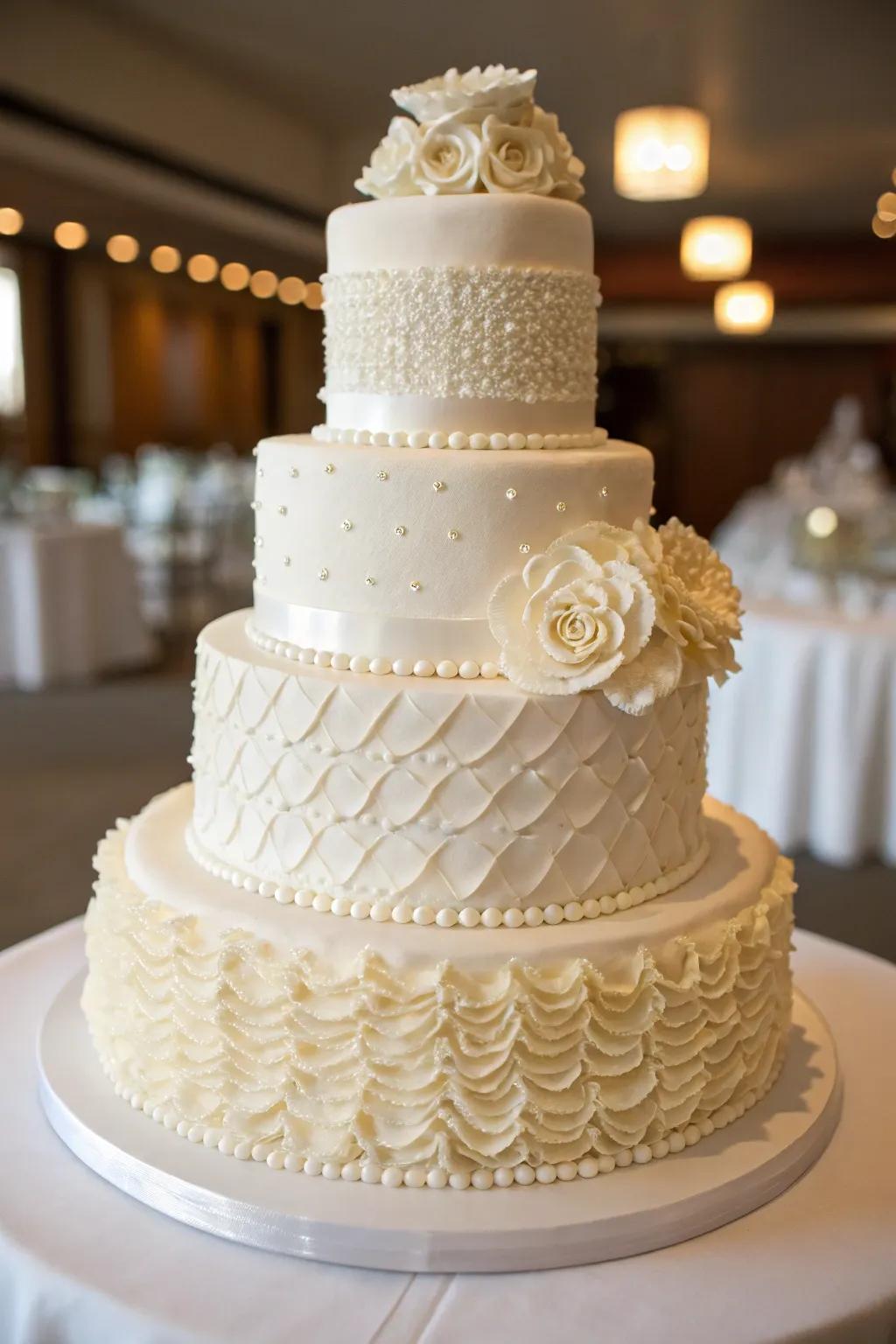 A wedding cake featuring patterned layers for added dimension.