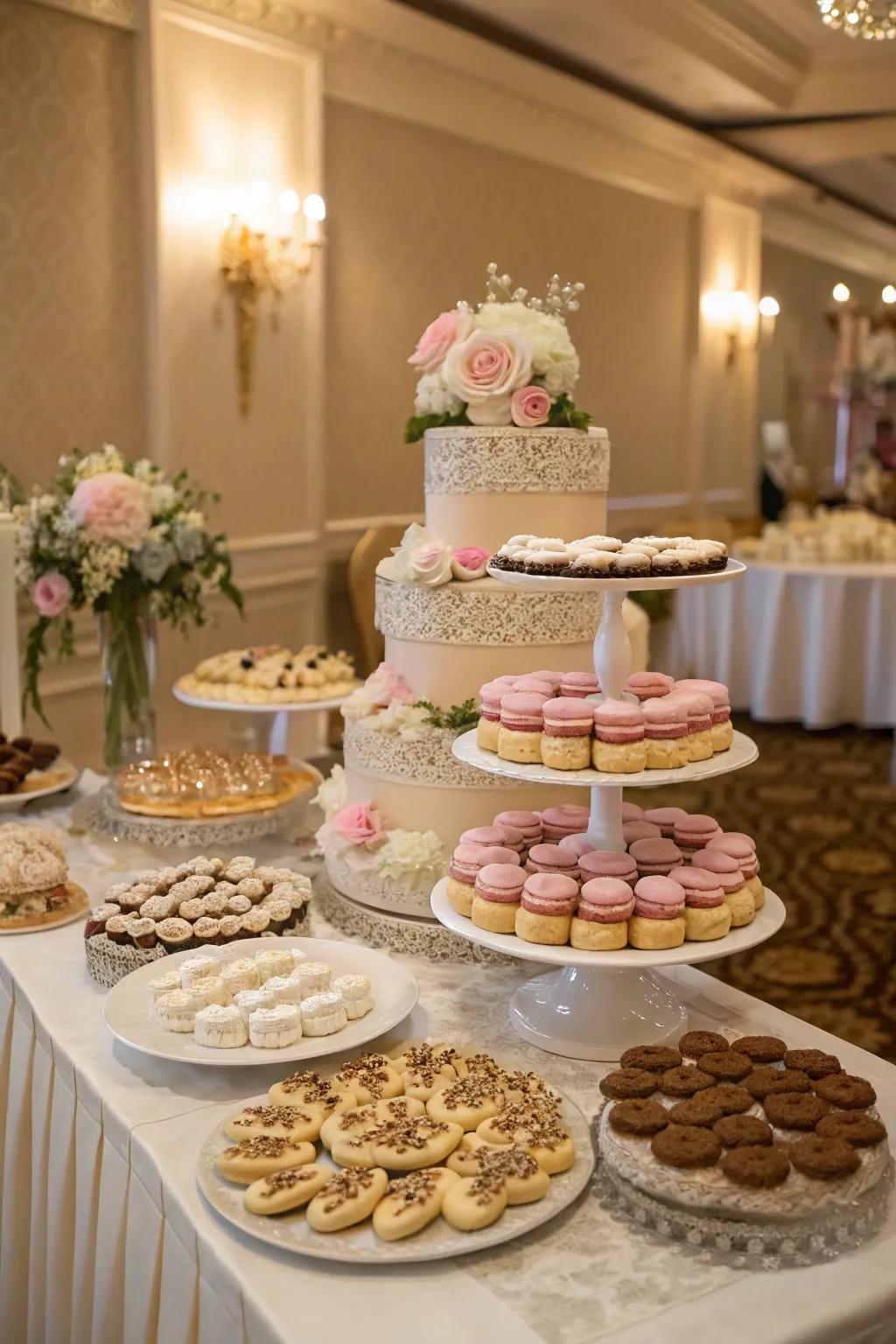 A wedding cookie table with varied heights for an engaging display.
