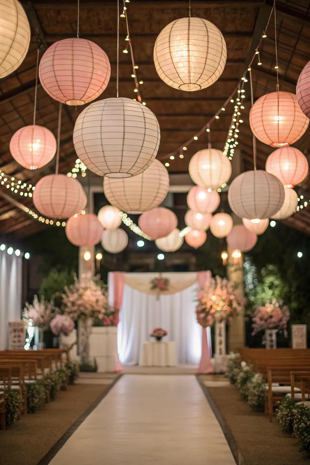 A wedding venue decorated with playful paper lanterns, adding a whimsical element.