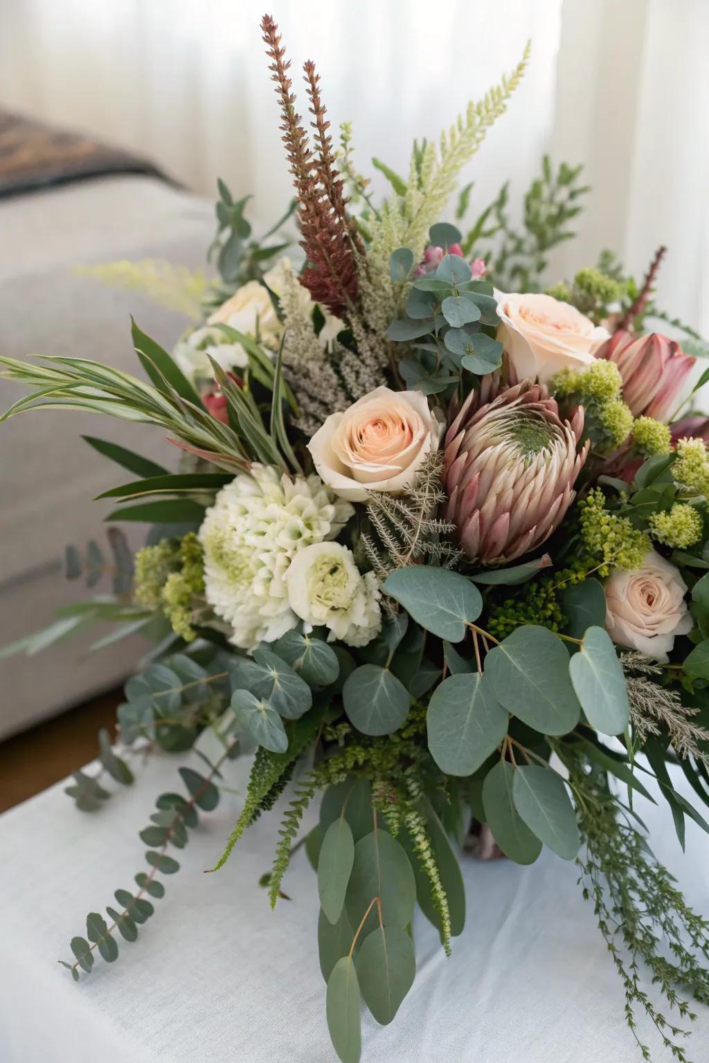 A textured floral arrangement using greenery and foliage, adding depth and richness to the wedding decor.