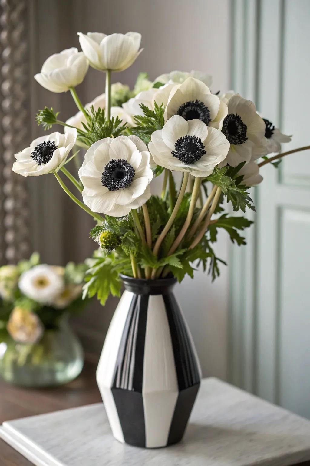 A chic anemone bouquet featuring striking black and white details.
