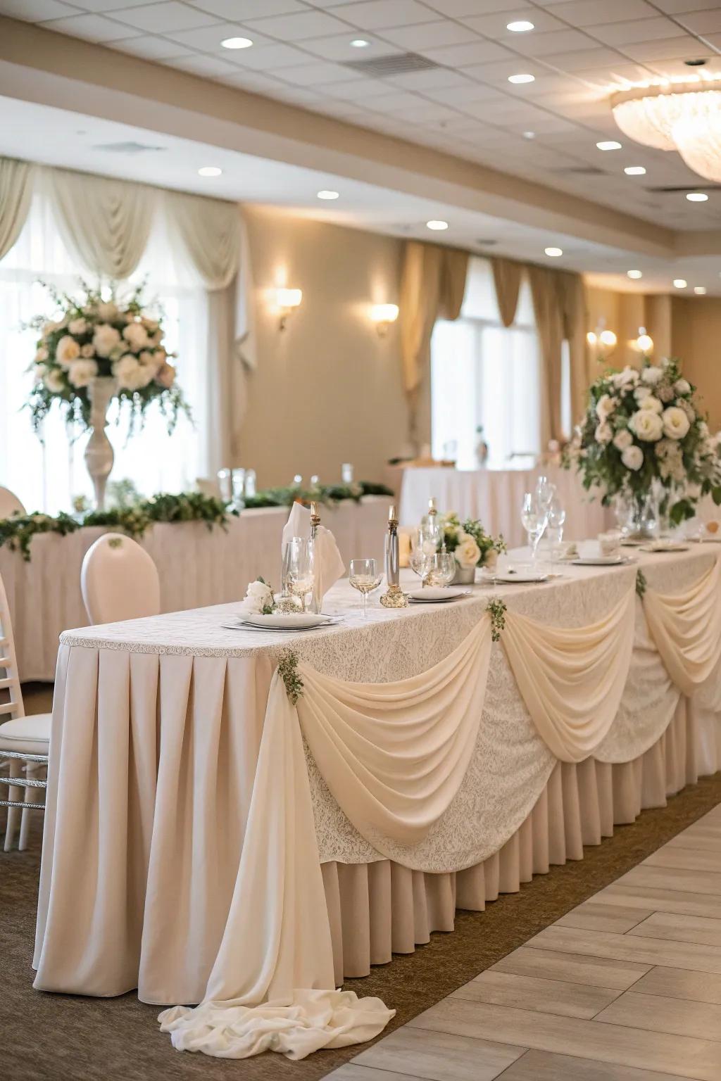 Delicate textile draping adding elegance to the head table.