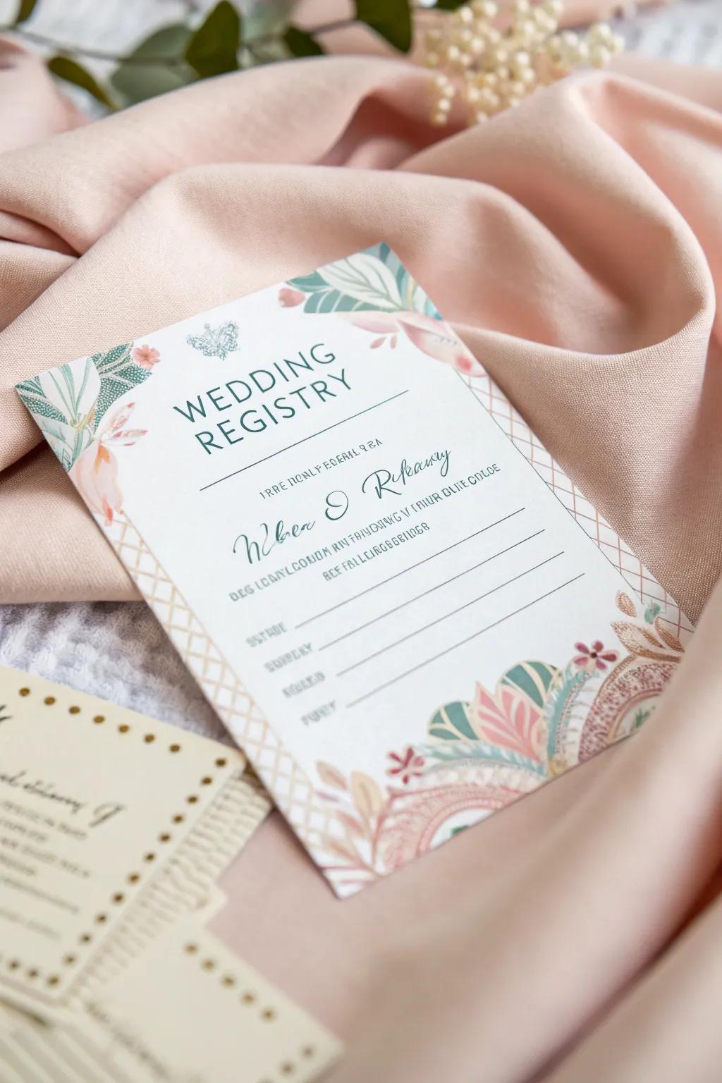 A pastel-colored registry card radiating tranquility and elegance.