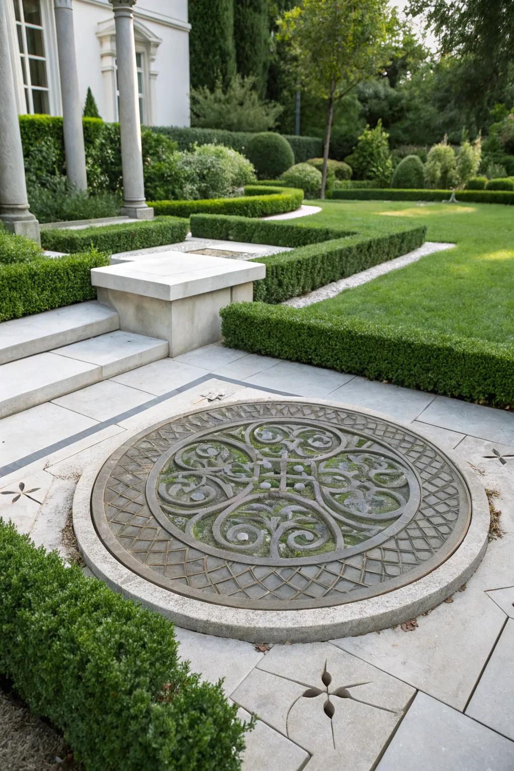 Contemporary motif converges with resilience through this exquisite cement surface feature.