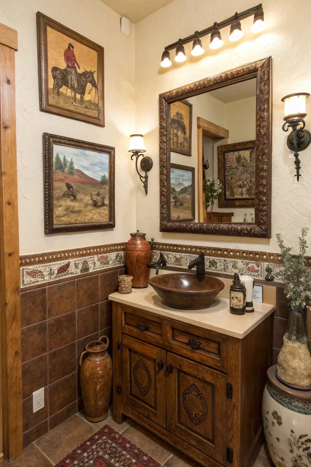 Western-themed artwork enriches this bathroom with personality.