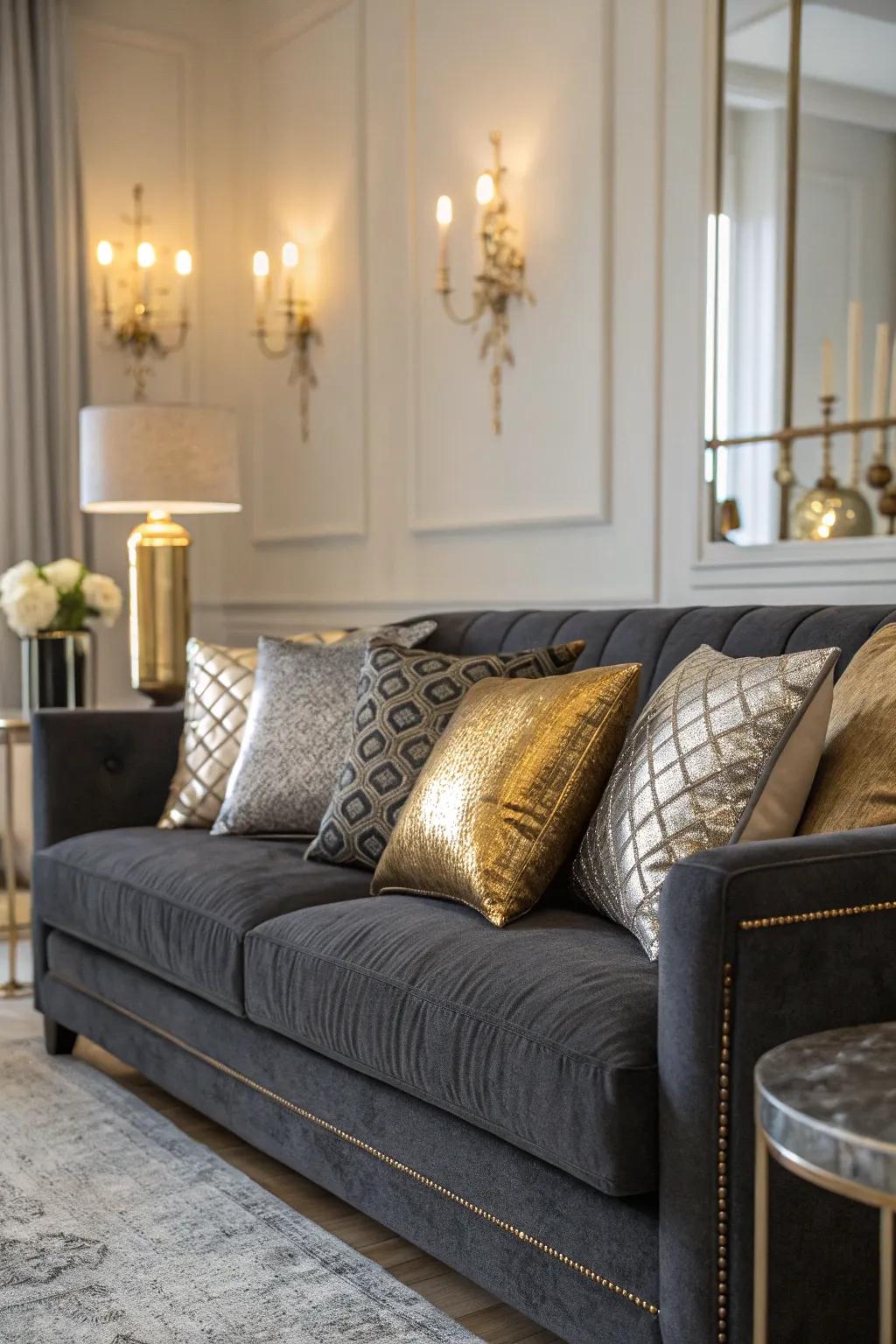 Metallic cushions impart a lavish nuance to the dark grey sofa.