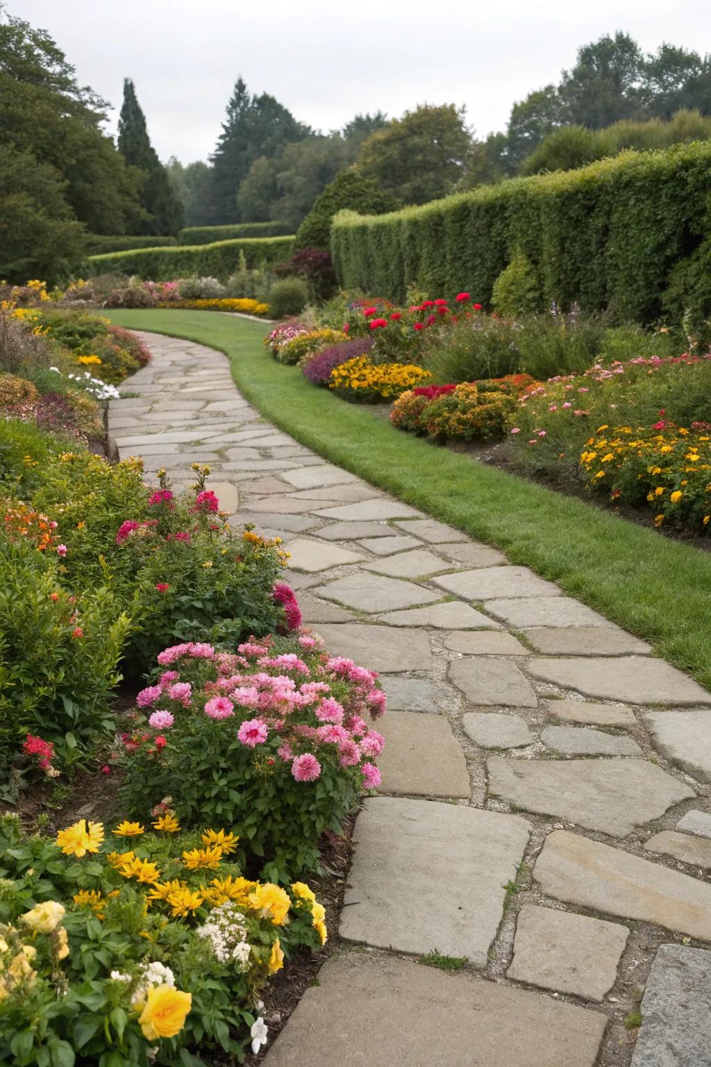 Garden limits bring color and definition to a flagstone path.