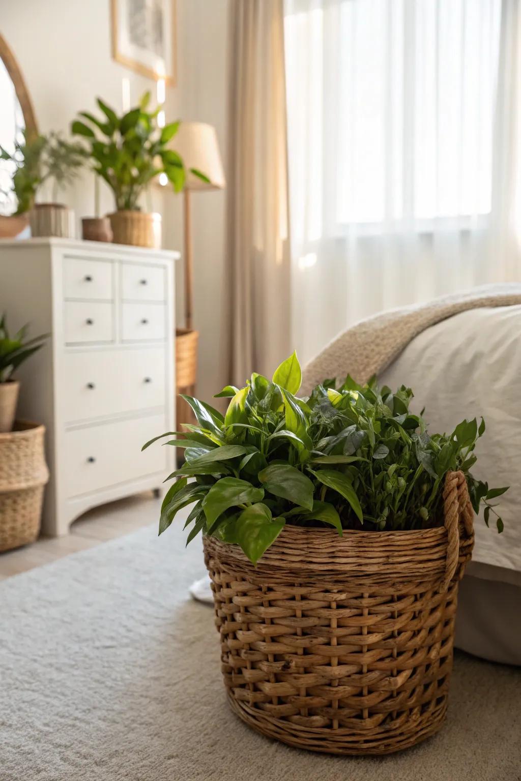 A basket as a plant display enriches your bedroom with a natural and vibrant ambiance.