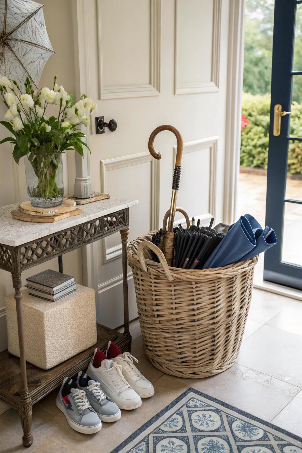 A basket organizes and provides easy access to entryway must-haves.
