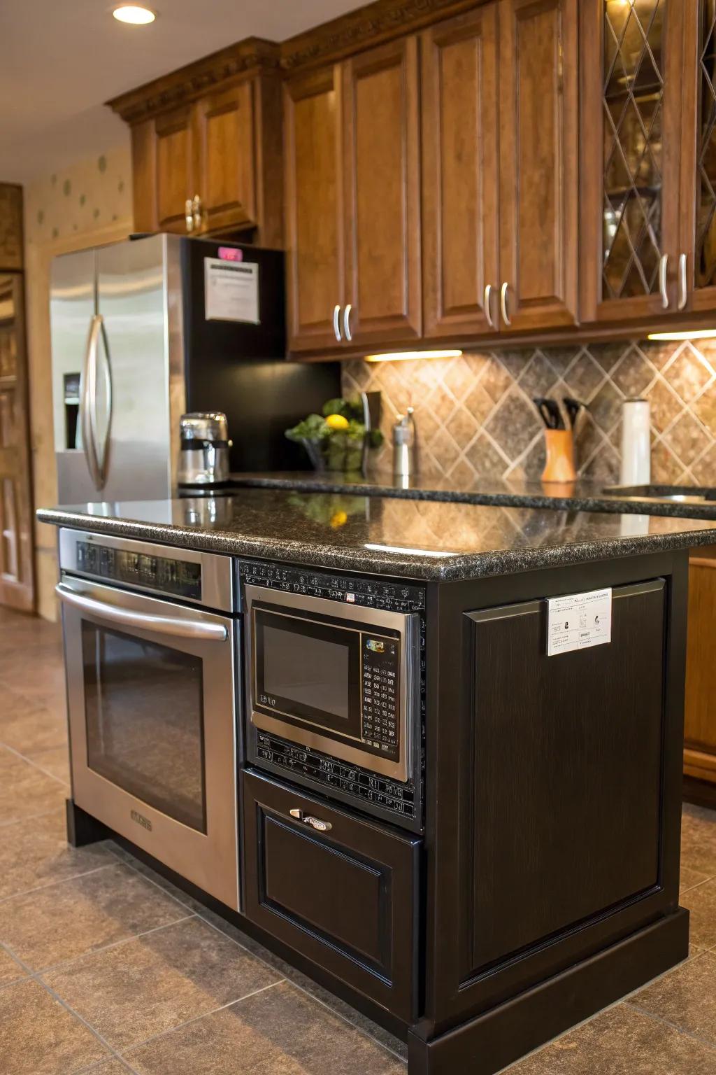 A microwave included in a cooking island for practicality.
