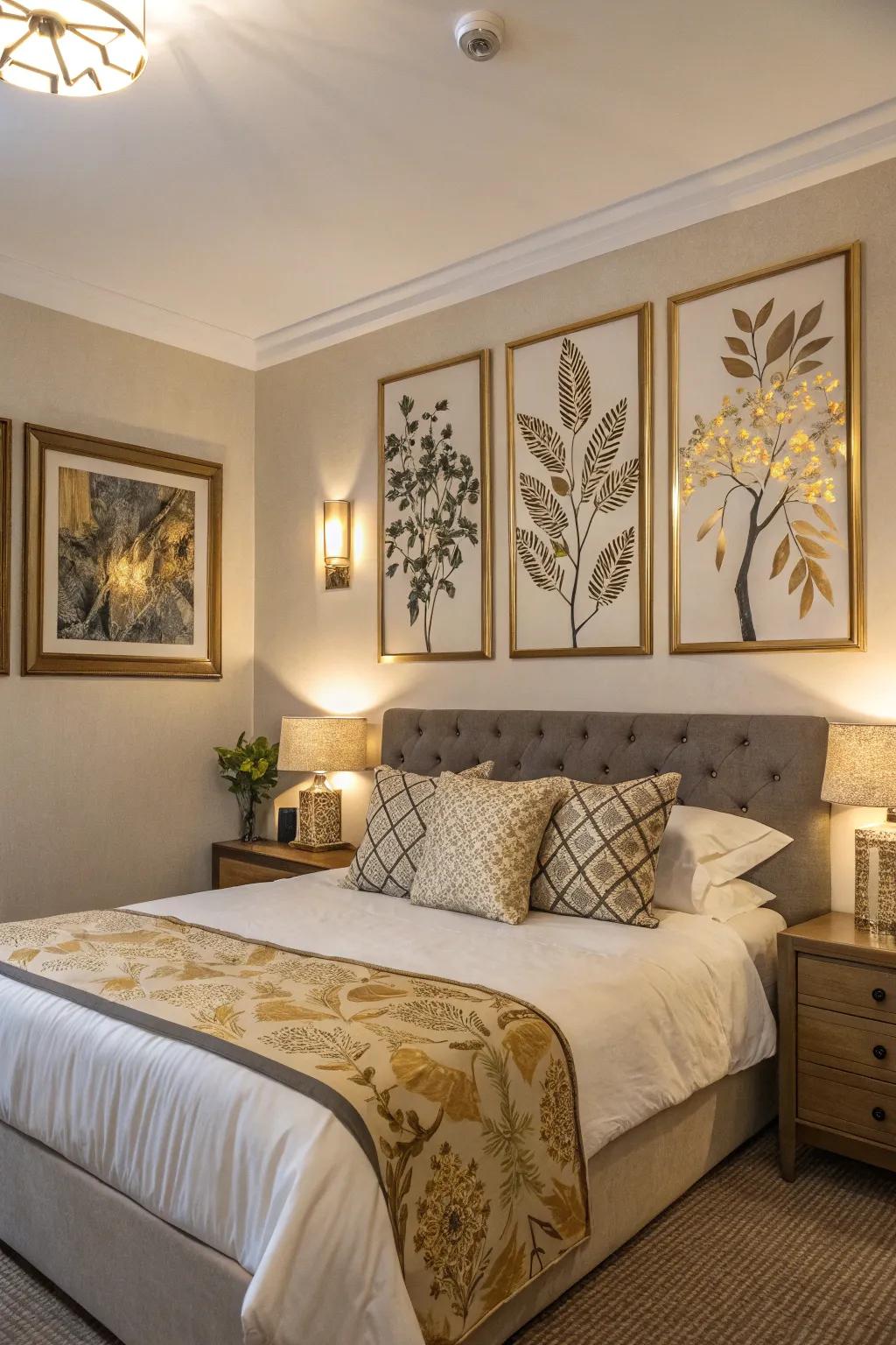 Gold-accented artwork enhances depth and personal flair.