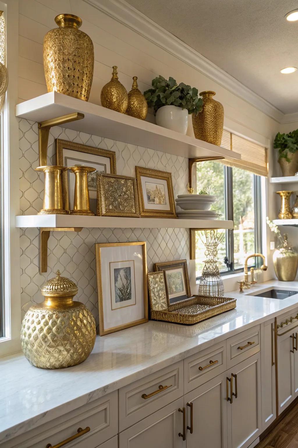Gilded ornamental highlights personalize and enrich the kitchen area.