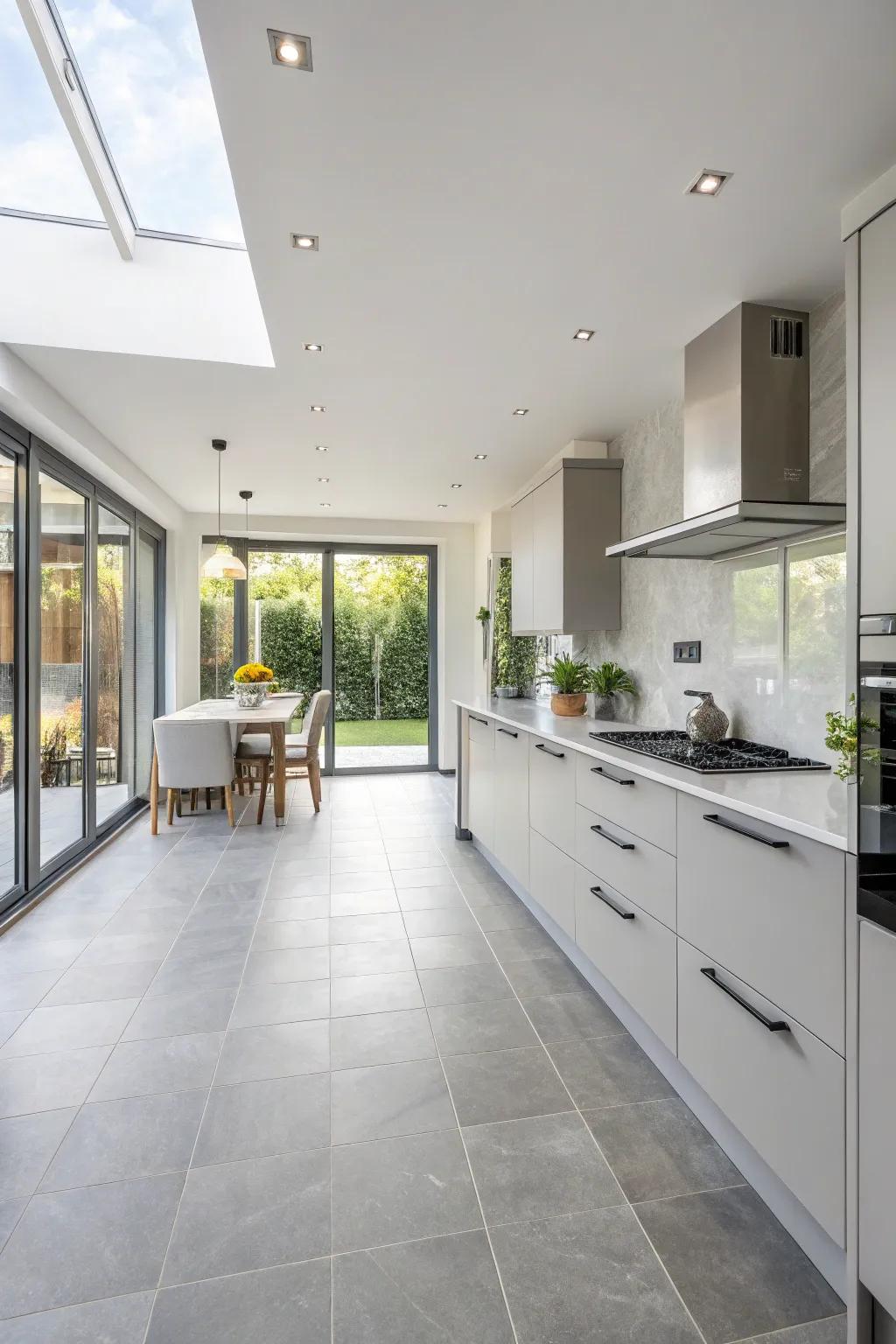 Pale slate tiles fashion a consistent visage.