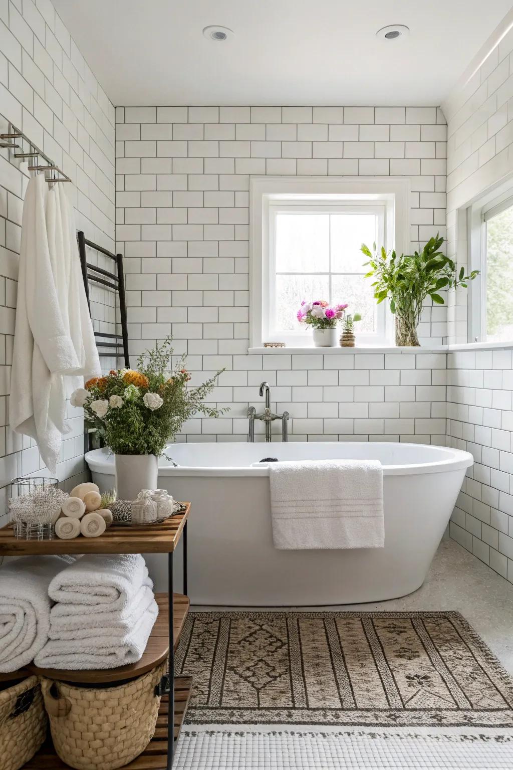 A separate tub enhances luxury to a bright tiled bathroom.
