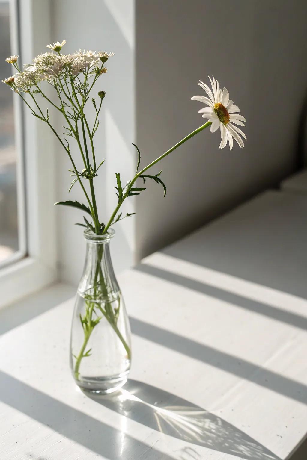 A solitary wildflower stem contained within a slender vase formulates a minimalistic assertion.