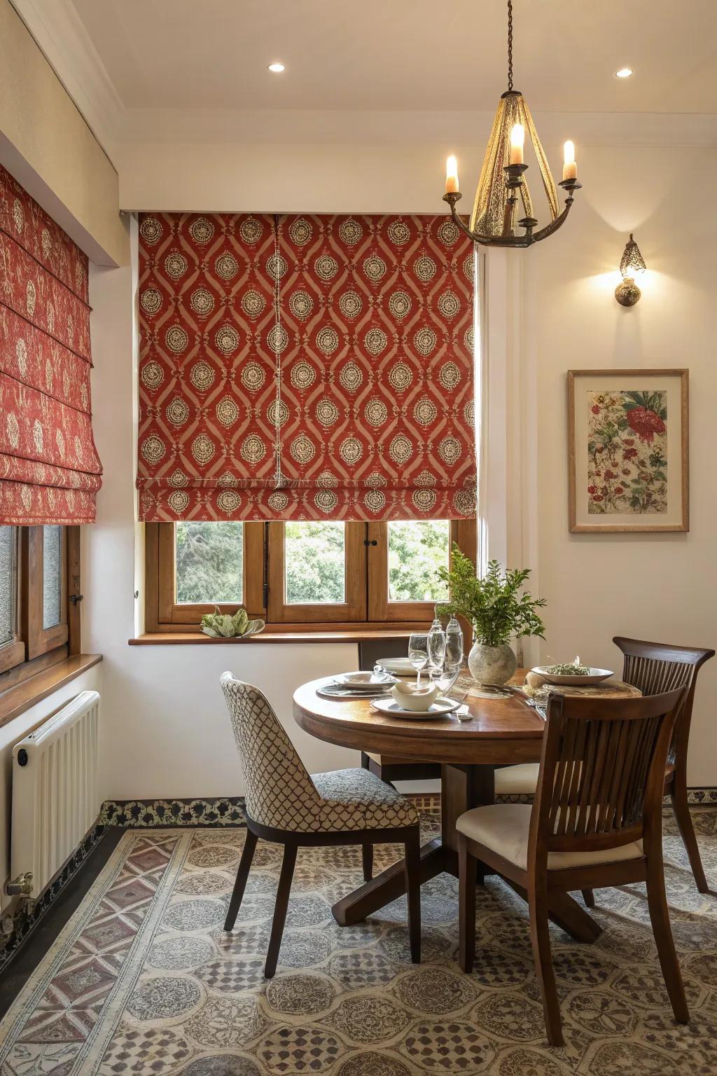 In a dining space, a shade with a strong pattern lends personality.