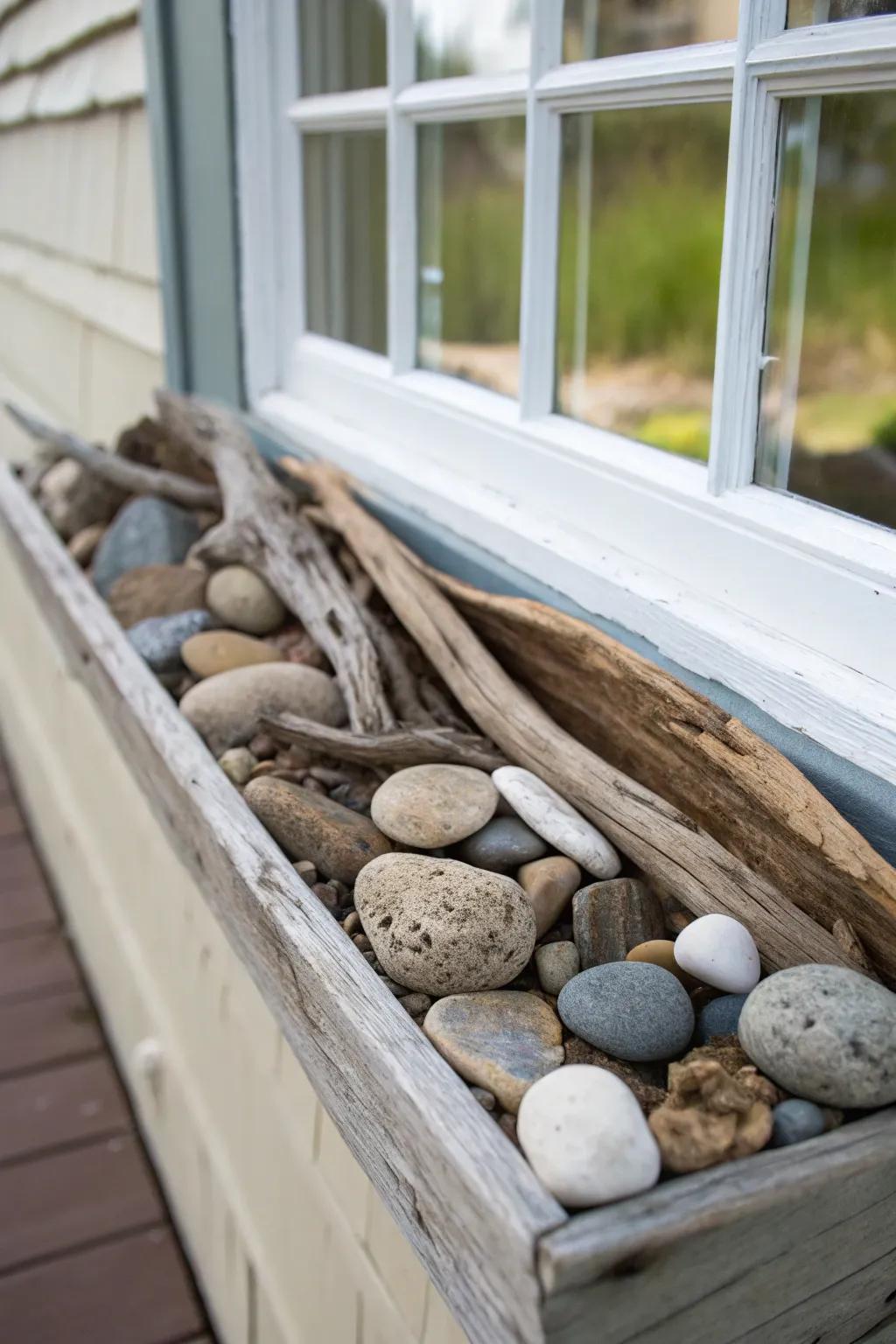 Nature’s artistry featuring driftwood and stones in a window box