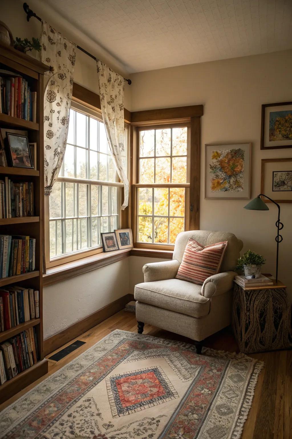 A personalized window nook with art and a rug.