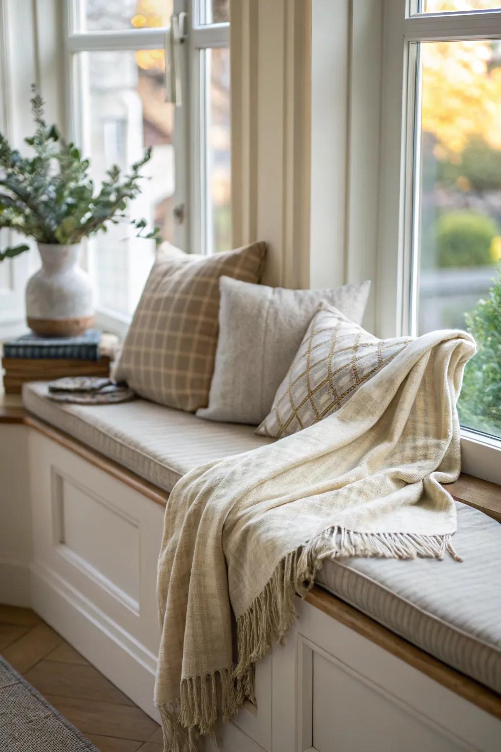 A window sill transformed into a snug seating spot.