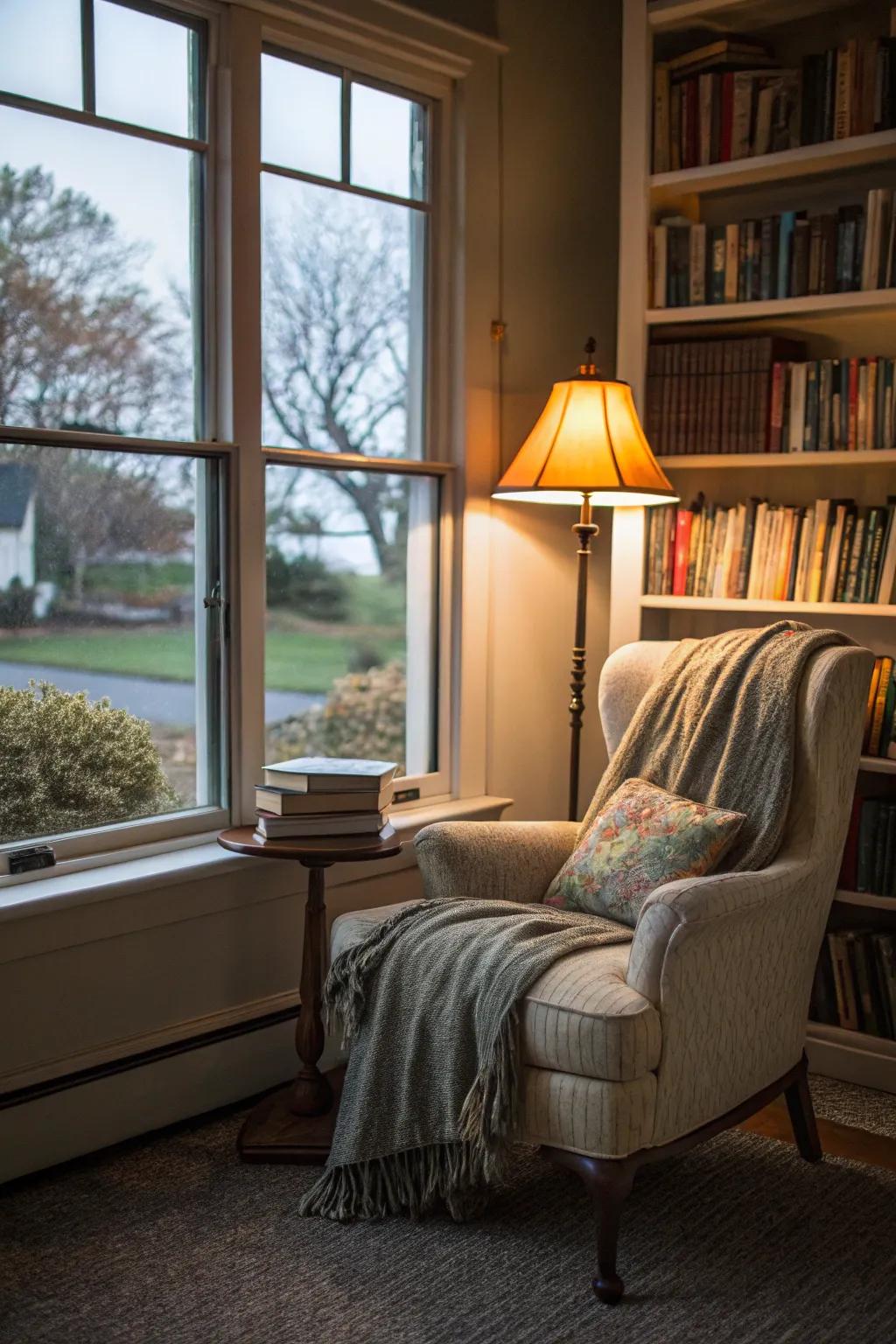 Establish a relaxation space ideally suited for perusing literature and unwinding.