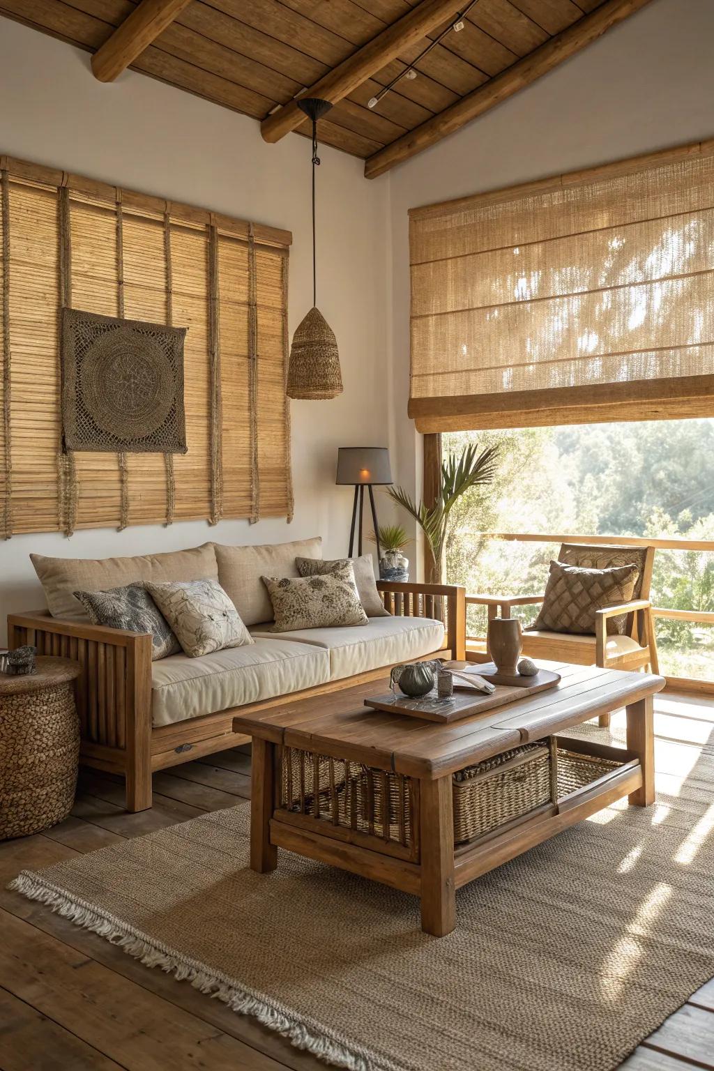 Bring warmth with window coverings made of natural materials.