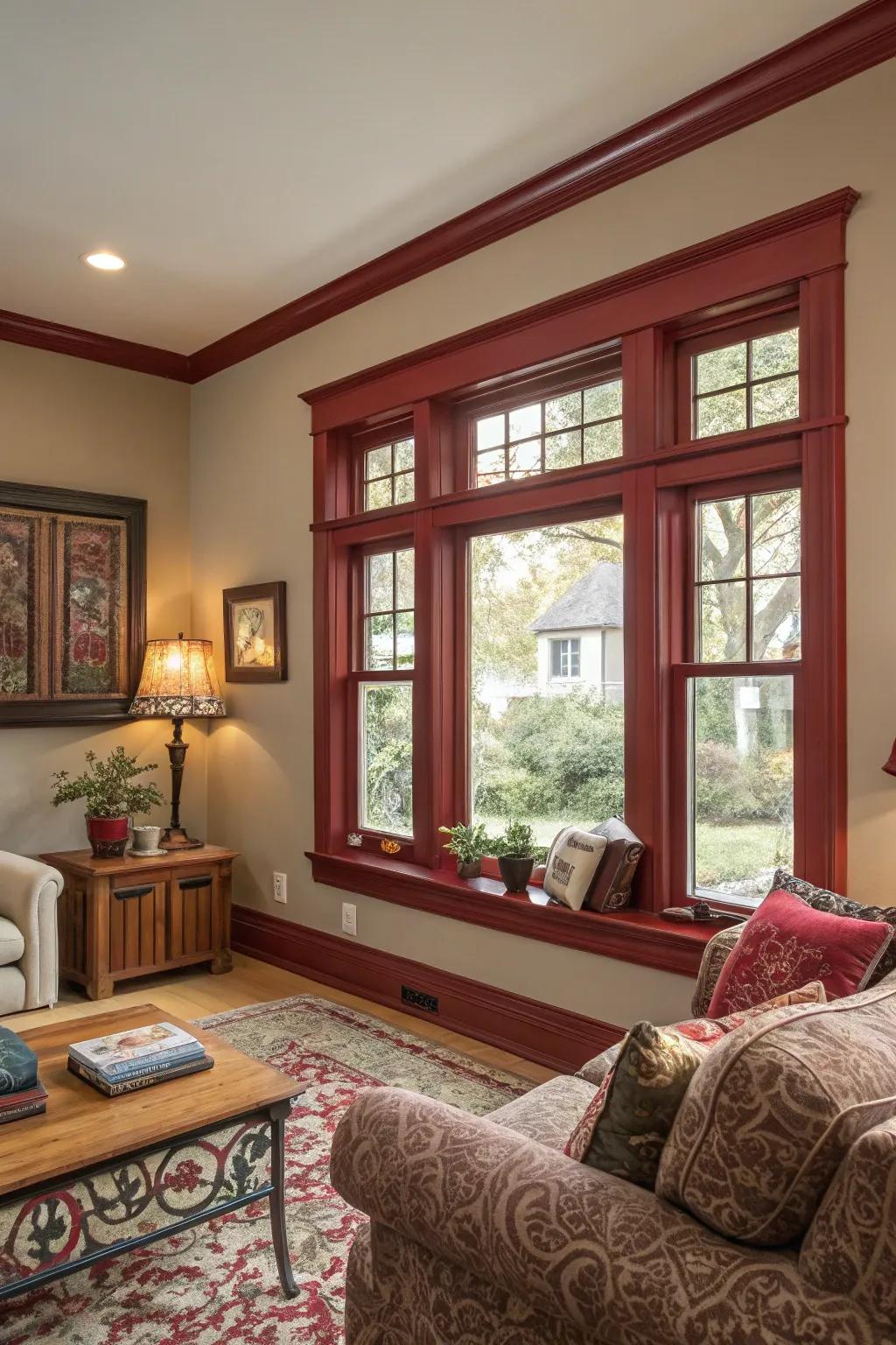 Resonant scarlet trim establishes an audacious declaration in a lounge.