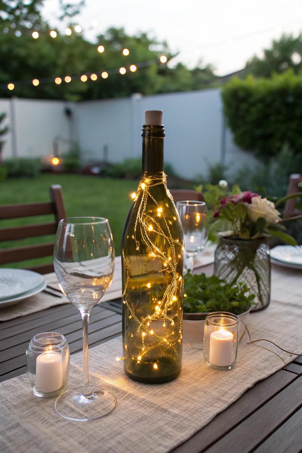 Miniature lights in a grape juice container create a magical ambiance.