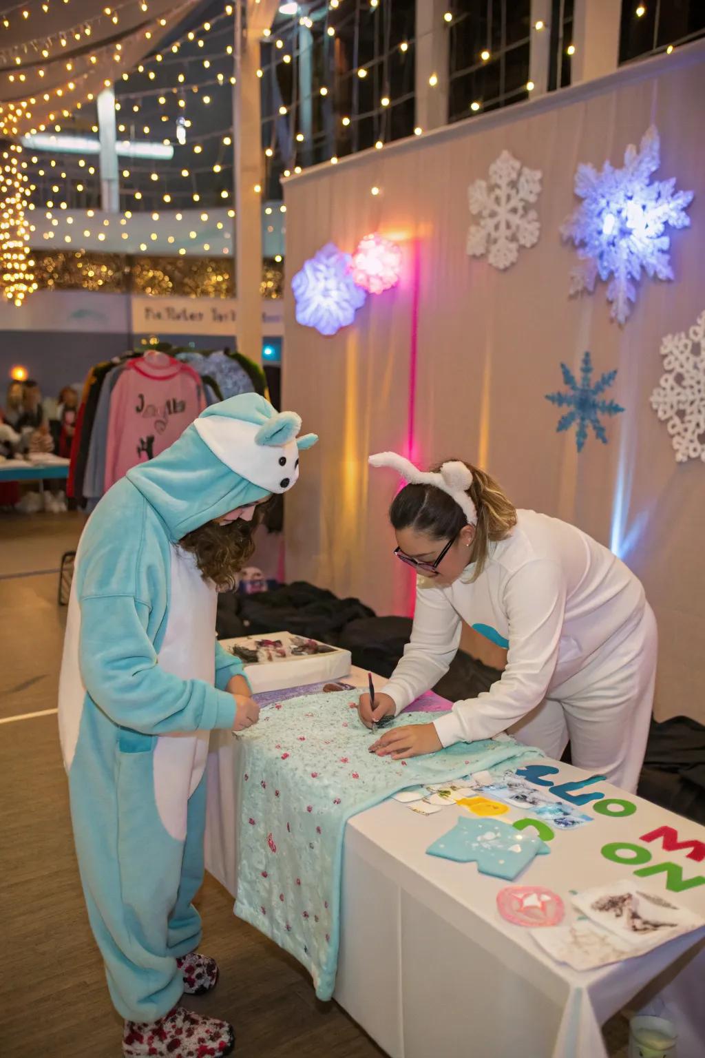 A playful Winter Infant-Suit Land theme featuring a onesie decorating station.