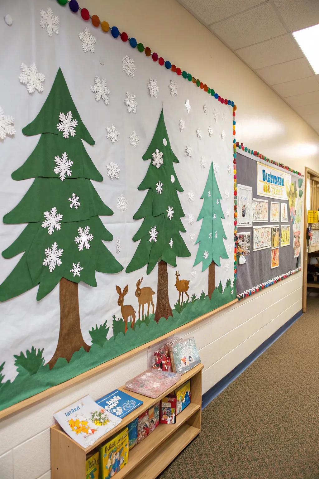 A winter timberland invites imaginative escapades on the bulletin board.