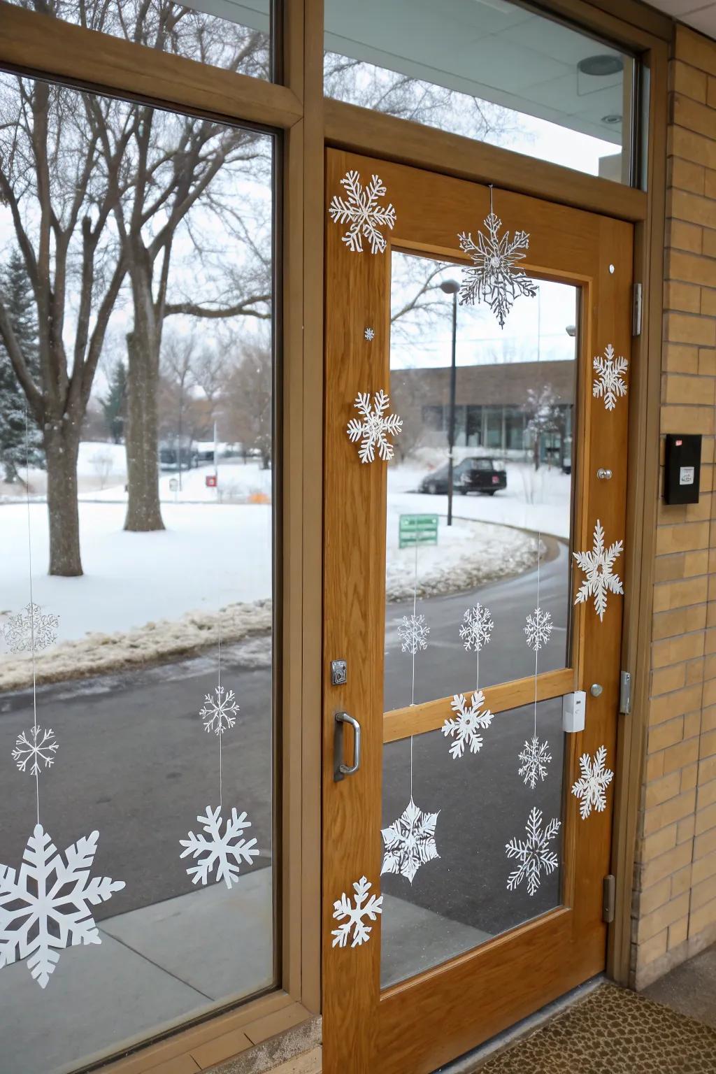 Interactive snowflakes add a playful touch to this winter door
