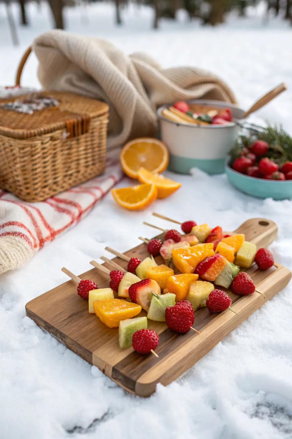 Winter fruit skewers add a fresh touch.