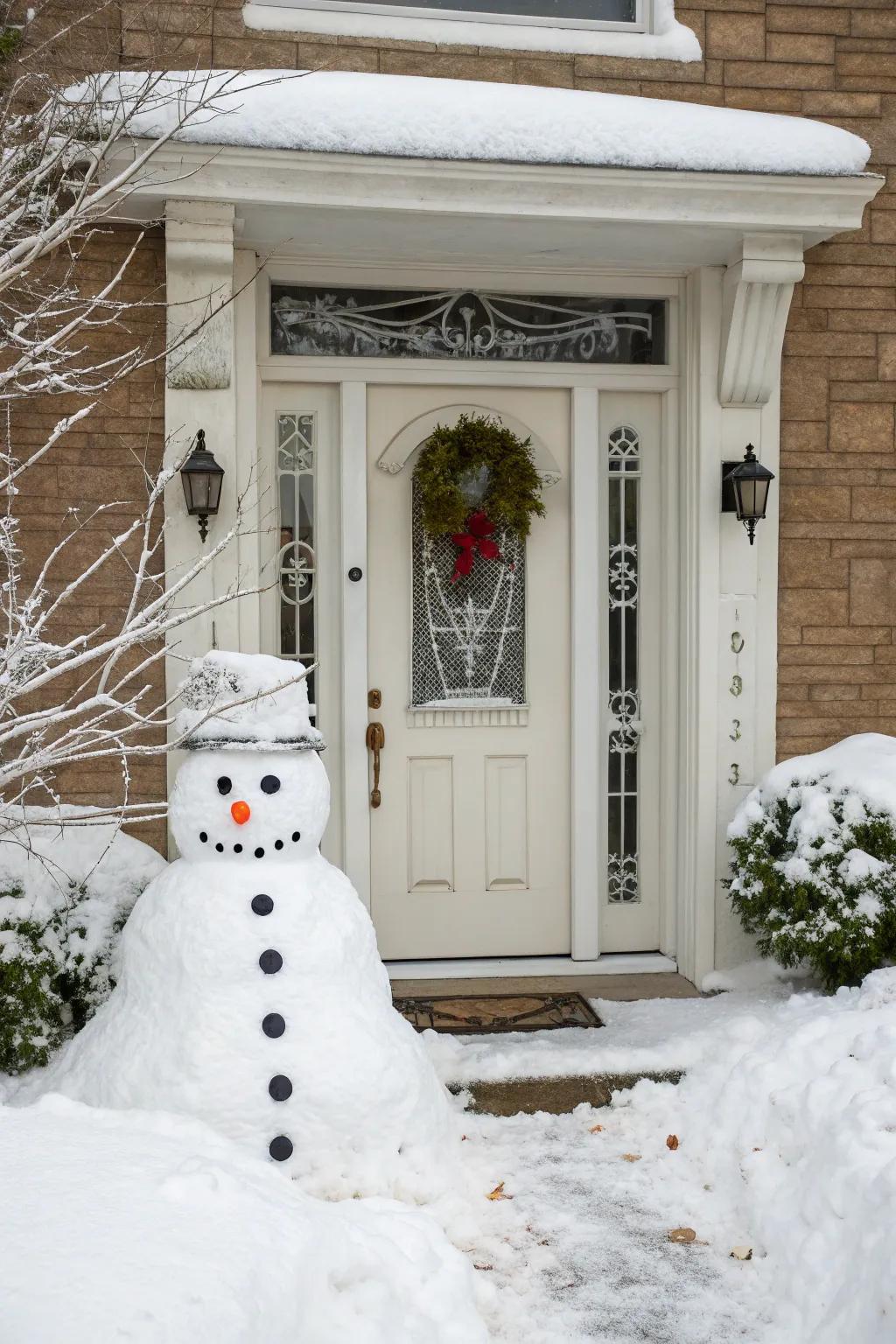 A snowman door wrap adds a whimsical element.