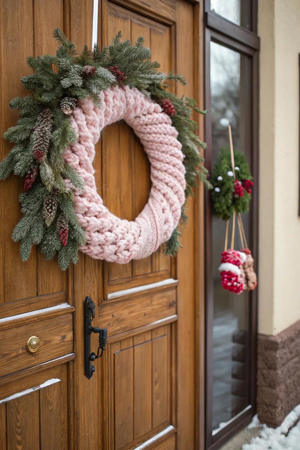A woven yarn arrangement extends warmth and charm to any entrance.