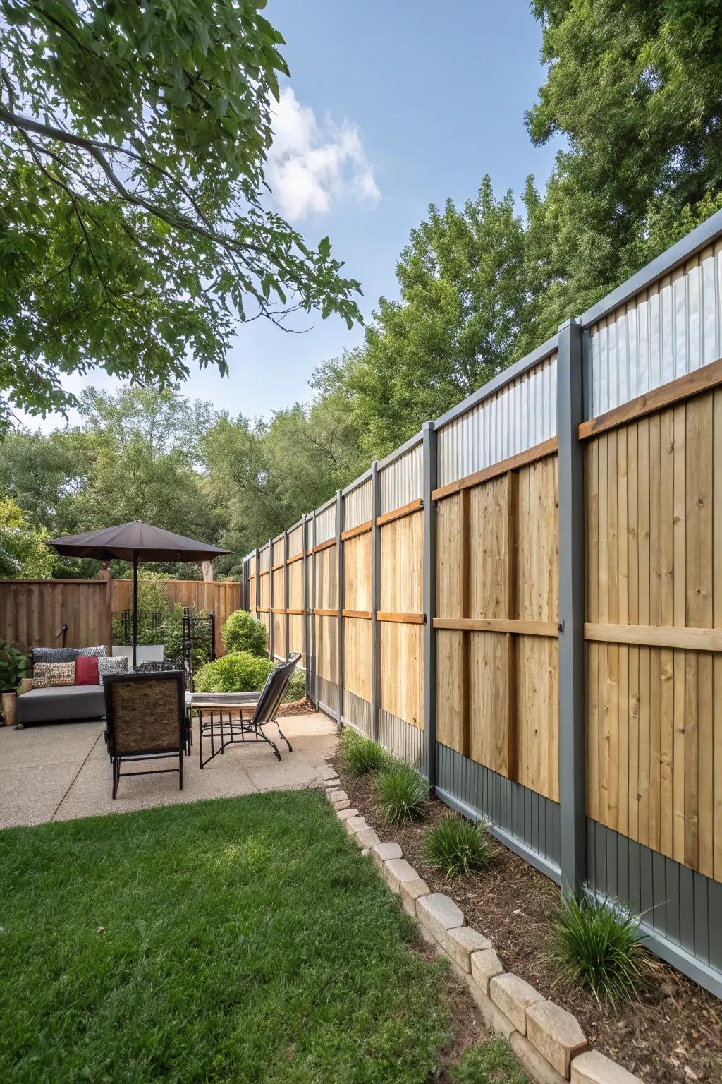 A privacy fence showcasing an innovative blend of alternating timber and metal sections.