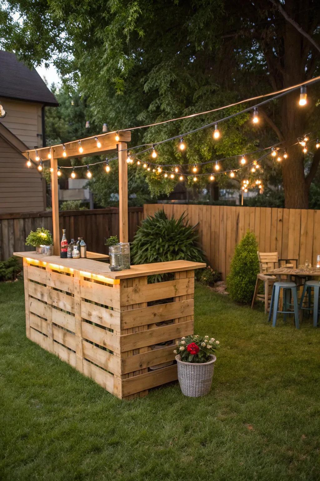 A charming DIY bar crafted from wood pallets.