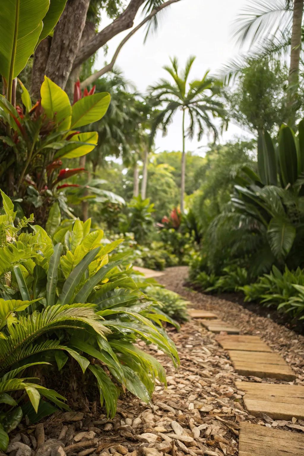 Timber fragments enhance the lush greenery of a subtropical garden.
