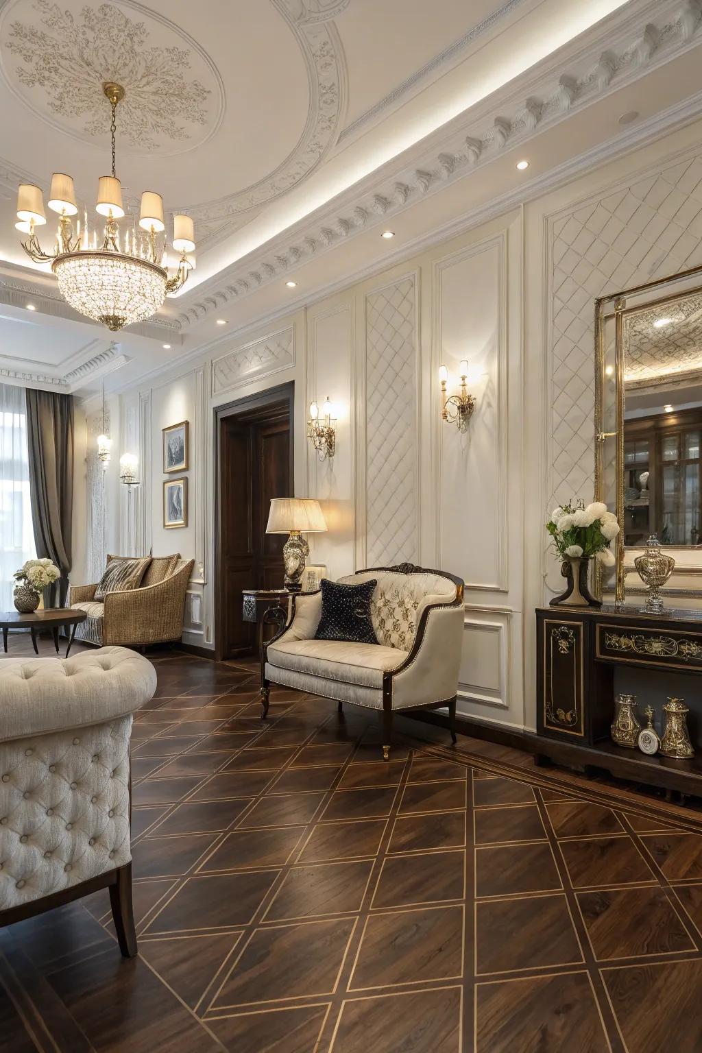 Elegant interior showcasing opulent anthracite walnut flooring.