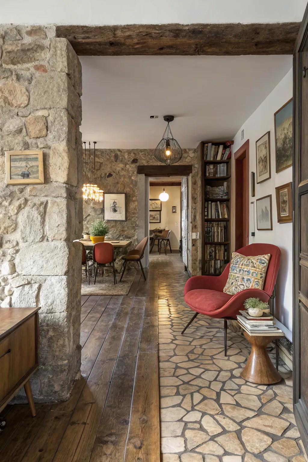 An eclectic interior displaying a textured shift from stone to wooden flooring.