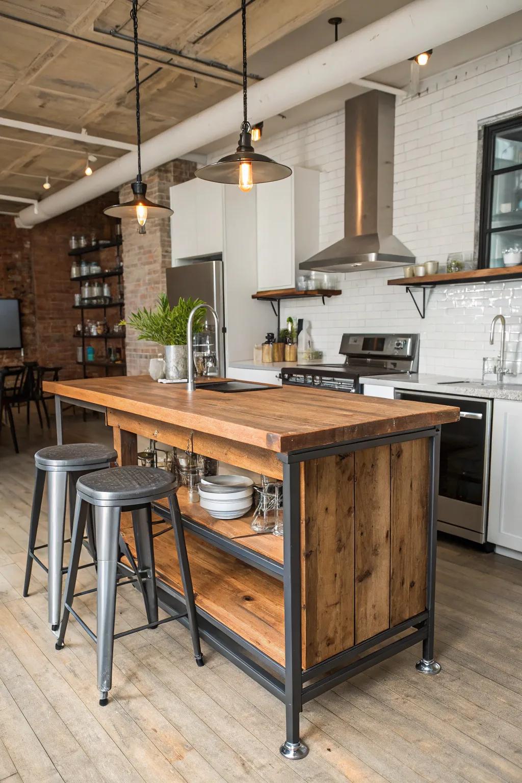 This wood and metal island provides a chic industrial vibe.