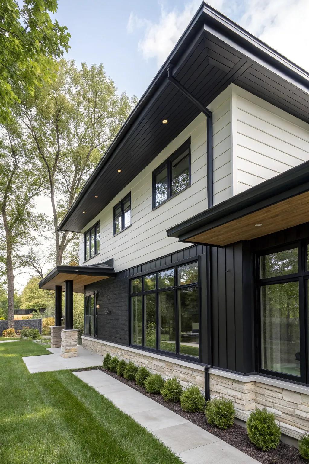 Charcoal-stained wood soffits deliver a modern and daring look.