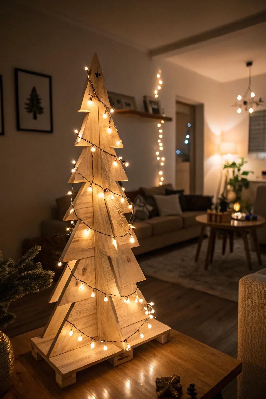 Warm lights enhance the cozy feel of a wood tree.