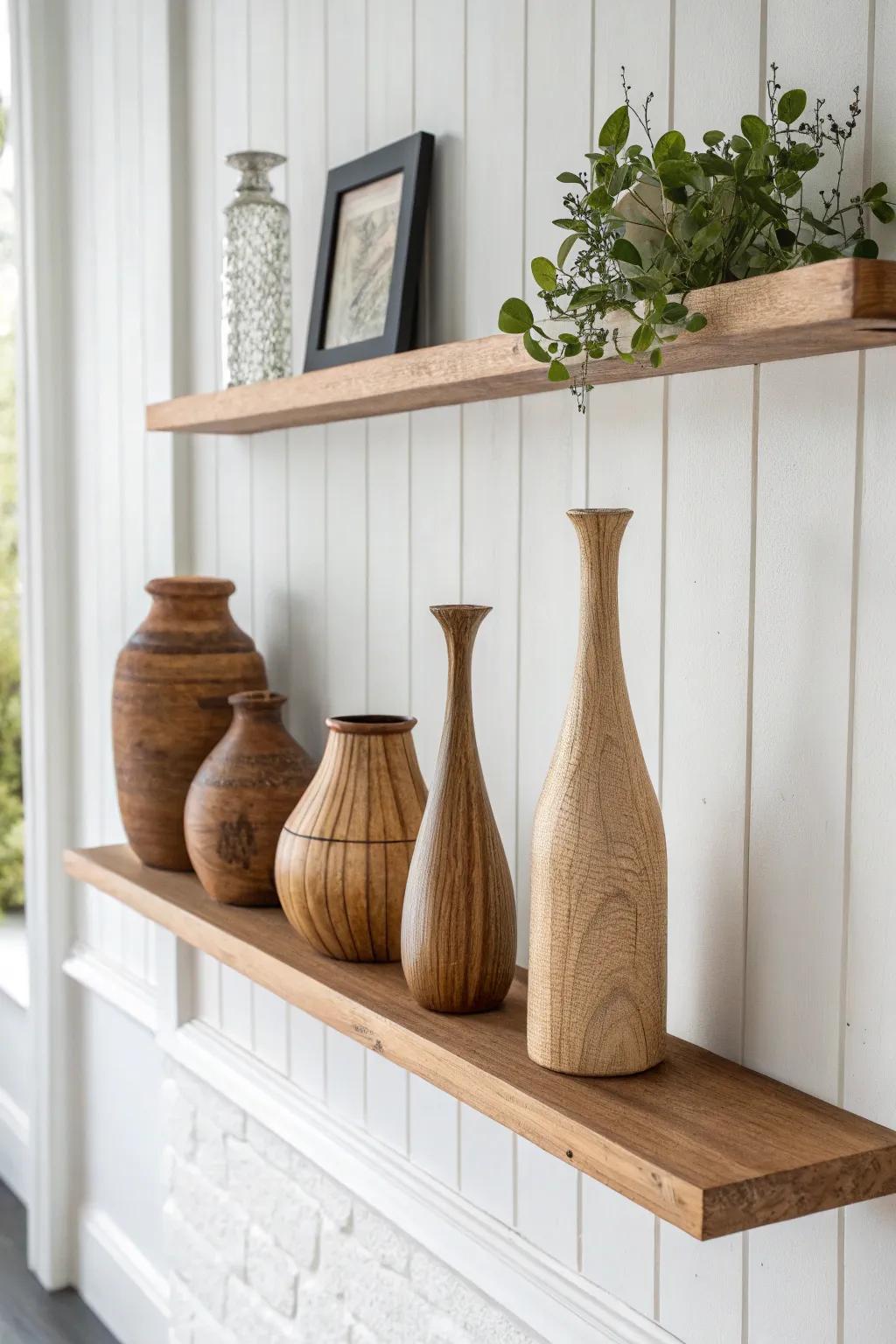Craft a striking display incorporating wooden vases on a floating shelf.