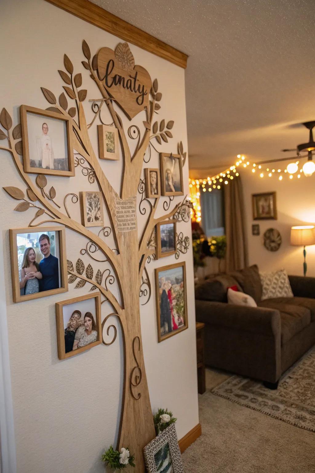 A timber family tree art piece that celebrates the lineage.
