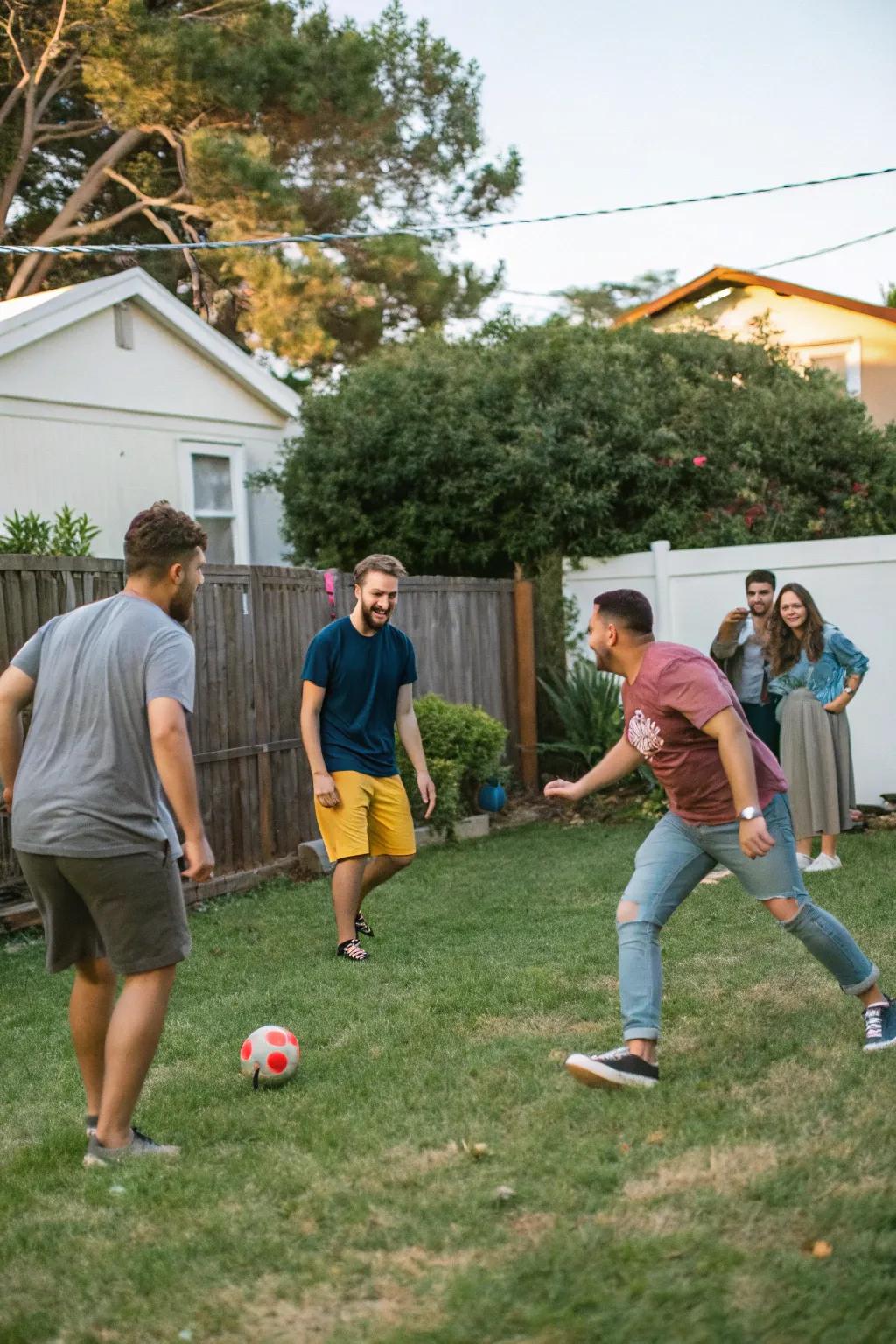 In the backyard, guests are having a friendly soccer match.