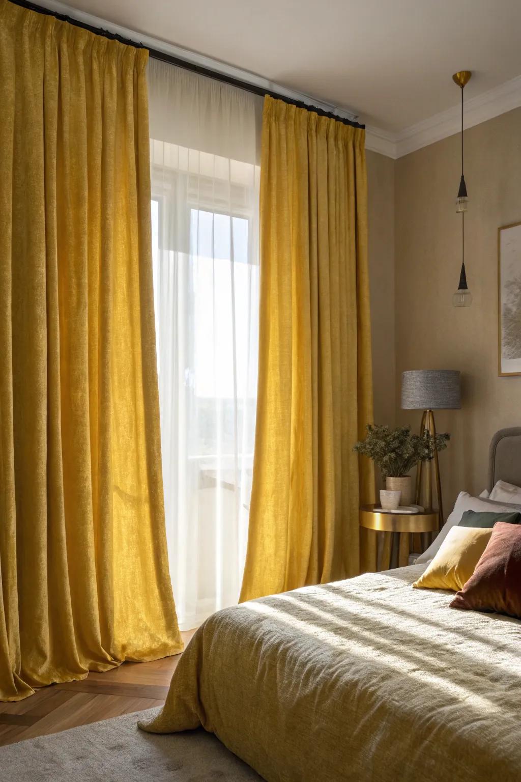Textured yellow window coverings in velvet and linen introduce richness and intrigue to the bedroom.