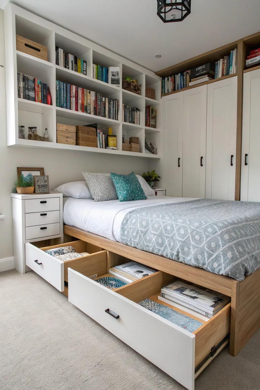 Clever storage solutions help maintain an organized space.